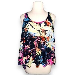 FP2 Free People Floral Tank Top Shirt Oversized Medium Cropped Loose Flowy